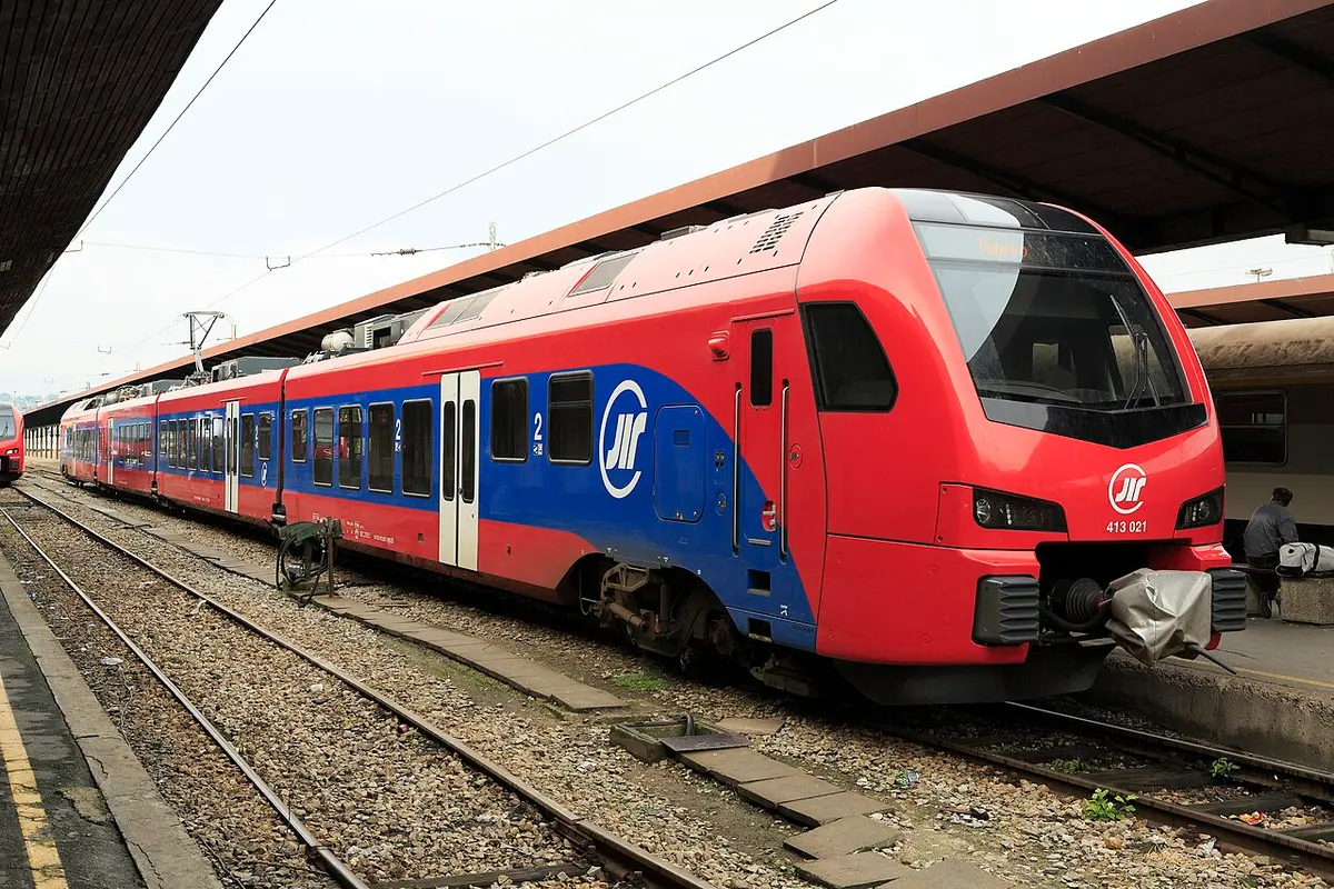 A modern Srbija Voz electric train at a platform in Belgrade